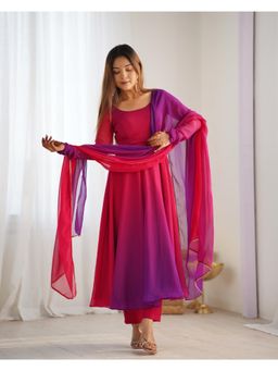 JATRIQQ - Pink Pure Soft Georgette Anarkali Kurta with Pant and Dupatta (Set of 3)