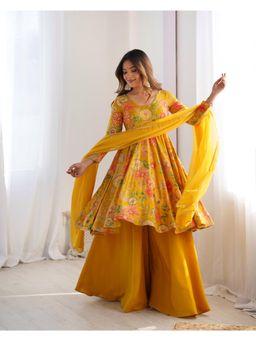 JATRIQQ - Yellow Pure Roman Silk with Print Kediya Kurta with Palazzo and Dupatta (Set of 3)