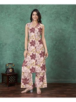 MOJILAA - Maroon Viscose Floral and Leaf Embellished Straight Kurta with Palazzo (Set of 2)