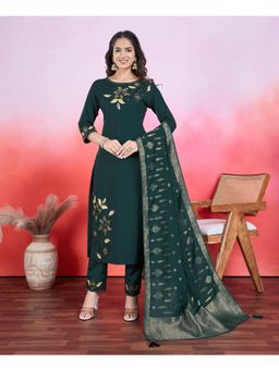 MOJILAA - Dark Green Floral Embroidered Straight Kurta with Pant and Dupatta (Set of 3)