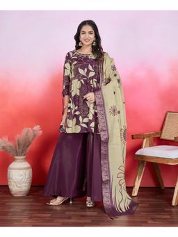 MOJILAA - Maroon Floral Print Flared Kurta with Flared Palazzo and Printed Dupatta (Set of 3)