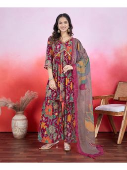 MOJILAA - Pink Chiffon Viscose Floral Print Flared Kurta with Sharara and Dupatta (Set of 3)