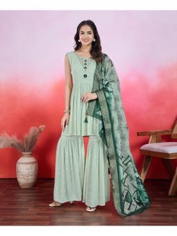 MOJILAA - Light Green Embroidered Flared Kurta with Sharara and Printed Dupatta (Set of 3)