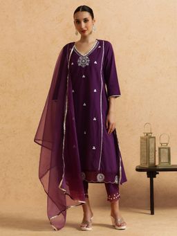 STYLEBAAZI - Floral Embroidered Straight Pure Cotton Kurta and Pant (Set of 3)