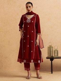 STYLEBAAZI - Floral Embroidered Straight Pure Cotton Kurta and Pant (Set of 3)