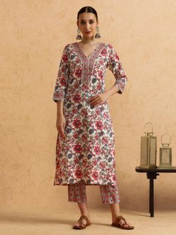 STYLEBAAZI - Floral Embroidered Straight Pure Cotton Kurta and Pant (Set of 2)