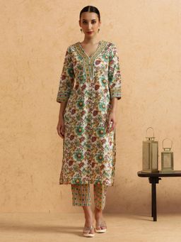 STYLEBAAZI - Floral Embroidered Straight Pure Cotton Kurta and Pant (Set of 2)