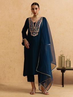 STYLEBAAZI - Floral Embroidered Straight Kurta and Pant (Set of 3)