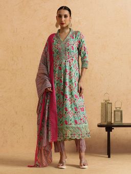 STYLEBAAZI - Floral Embroidered A-Line Cotton Blend Kurta and Pant (Set of 3)