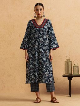 STYLEBAAZI - Floral Embroidered Straight Pure Cotton Kurta and Pant (Set of 2)