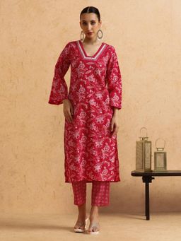 STYLEBAAZI - Floral Embroidered Straight Pure Cotton Kurta and Pant (Set of 2)