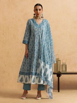 STYLEBAAZI - Floral Embroidered A-Line Pure Cotton Kurta and Pant (Set of 3)