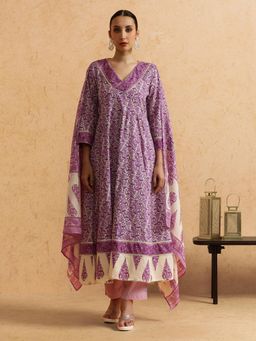 SHAHAD - Floral Embroidered A-Line Pure Cotton Kurta and Pant (Set of 3)