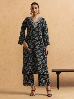 STYLEBAAZI - Floral Embroidered A-Line Pure Cotton Kurta and Pant (Set of 2)
