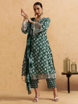 STYLEBAAZI - Floral Embroidered Straight Pure Cotton Kurta and Pant (Set of 3)