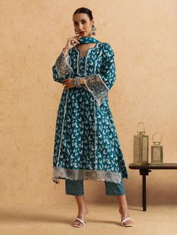STYLEBAAZI - Floral Embroidered Straight Pure Cotton Kurta and Pant (Set of 3)