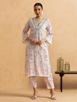 STYLEBAAZI - Floral Embroidered Straight Pure Cotton Kurta and Pant (Set of 2)