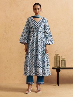 STYLEBAAZI - Floral Embroidered A-Line Pure Cotton Kurta and Pant (Set of 3)