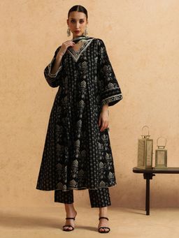 STYLEBAAZI - Floral Embroidered A-Line Pure Cotton Kurta and Pant (Set of 3)