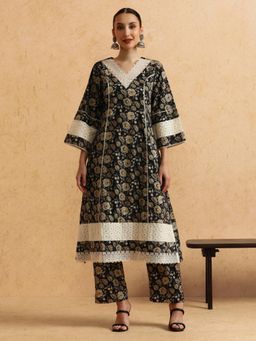 STYLEBAAZI - Floral Embroidered Straight Pure Cotton Kurta and Pant (Set of 2)