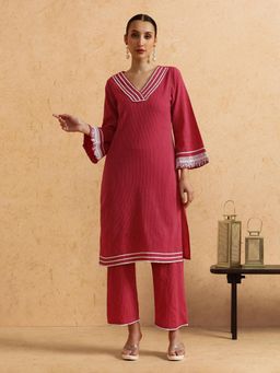 STYLEBAAZI - Floral Embroidered Straight Pure Cotton Kurta and Pant (Set of 2)