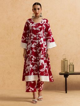 STYLEBAAZI - Floral Embroidered Straight Pure Cotton Kurta and Pant (Set of 2)