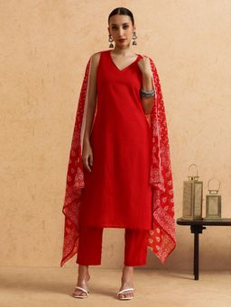 STYLEBAAZI - Solid A-Line Pure Cotton Kurta and Pant (Set of 3)