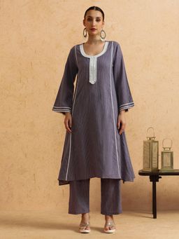 STYLEBAAZI - Floral Embroidered Straight Pure Cotton Kurta and Pant (Set of 2)