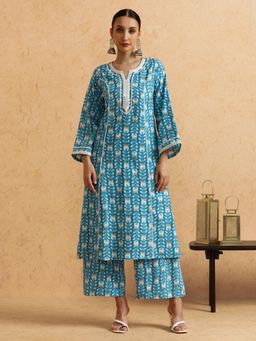 STYLEBAAZI - Floral Embroidered Straight Pure Cotton Kurta and Pant (Set of 2)