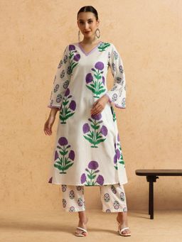 STYLEBAAZI - Floral Embroidered Straight Pure Cotton Kurta and Pant (Set of 2)