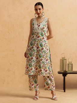 STYLEBAAZI - Floral Embroidered Straight Pure Cotton Kurta and Pant (Set of 2)