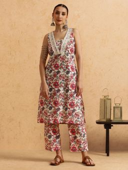 STYLEBAAZI - Floral Embroidered Straight Pure Cotton Kurta and Pant (Set of 2)