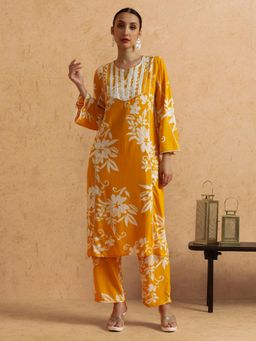 SHAHAD - Floral Embroidered Straight Kurta and Pant (Set of 2)