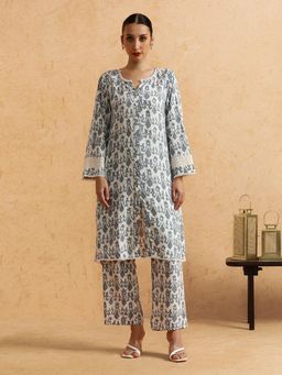 STYLEBAAZI - Floral Embroidered Straight Kurta and Pant (Set of 2)