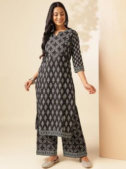 Vbuyz - Women Black Floral Printed Straight Cotton Kurta with Palazzo (Set of 2)