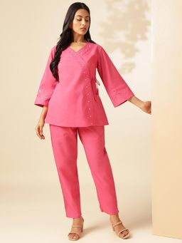 Vbuyz - Women Pink Embroidered Angrakha Cotton Co-Ord (Set of 2)