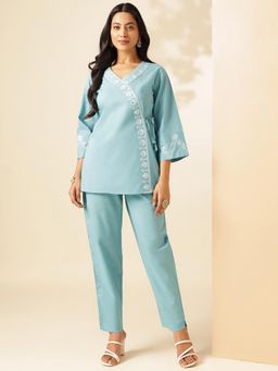 Vbuyz - Women Sky Blue Embroidered Angrakha Cotton Co-Ord (Set of 2)