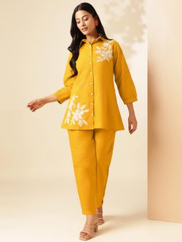 Vbuyz - Women Yellow Embroidered A-Line Cotton Co-Ord (Set of 2)