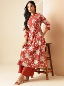 Vbuyz - Women Rust Floral Printed A-Line Cotton Kurta with Palazzo (Set of 2)