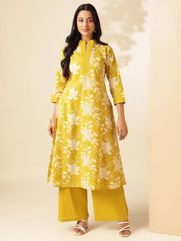 Vbuyz - Women Yellow Floral Printed A-Line Cotton Kurta with Palazzo (Set of 2)