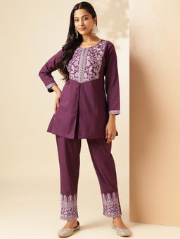 Vbuyz - Women Dark Purple Embroidered A-Line Cotton Co-Ord (Set of 2)