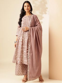 Vbuyz - Women Beige Geometric Printed A-Line Cotton Kurta with Palazzo and Dupatta (Set of 3)