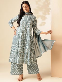 Vbuyz - Women Aqua Geometric Printed A-Line Cotton Kurta with Palazzo and Dupatta (Set of 3)