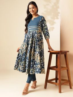 Vbuyz - Women Indigo Blue Geometric Printed Anarkali Kurta with Pant (Set of 2)