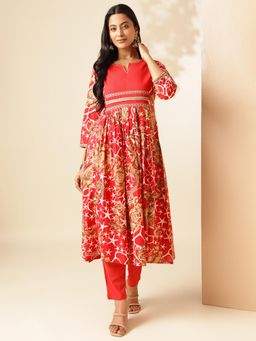Vbuyz - Women Red Geometric Printed Anarkali Kurta with Pant (Set of 2)