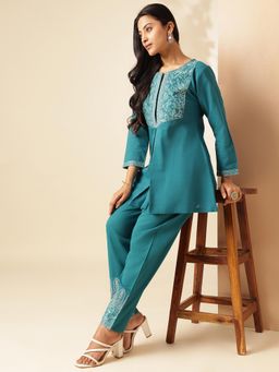 Vbuyz - Women Teal Embroidered A-Line Cotton Co-Ord (Set of 2)