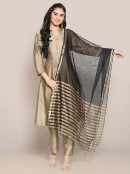 Dupatta Bazaar - Womens Black & Gold Striped Blended Silk Dupatta