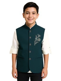CHARCHIT - Boys Green Sleeveless Floral Embroidered Nehru Jacket and Shirt