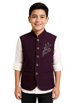 CHARCHIT - Boys Purple Sleeveless Floral Embroidered Nehru Jacket and Shirt