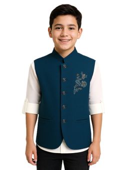 CHARCHIT - Boys Teal Sleeveless Floral Embroidered Nehru Jacket and Shirt